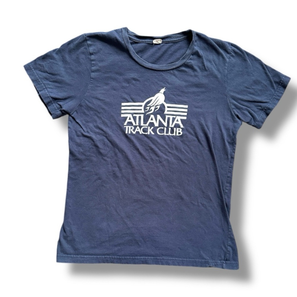 Vintage 90s Atlanta Run Club Navy Blue Fitted T-Shirt Women’s Size Small Retro